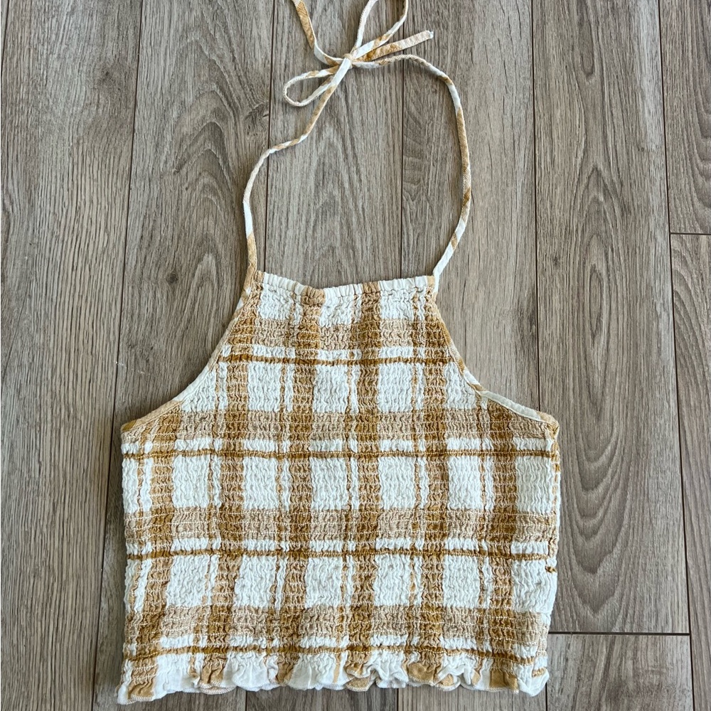 American Eagle Yellow and White Plaid Halter Crop Top